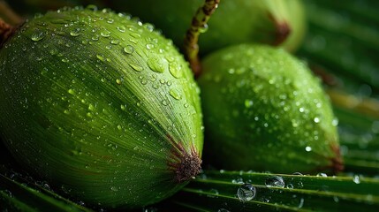 Close-up of Fresh Green Coconuts with Water Droplets Reflecting Light