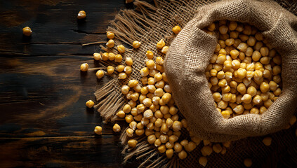 Rustic burlap sack filled with yellow soybeans on vintage wooden table under warm light in agricultural still life composition
