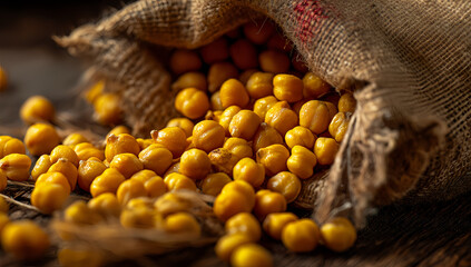 Rustic burlap sack filled with yellow soybeans on vintage wooden table under warm light in agricultural still life composition