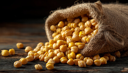 Rustic burlap sack filled with yellow soybeans on vintage wooden table under warm light in agricultural still life composition