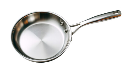 A shiny stainless steel frying pan with a long handle isolated against a black background space