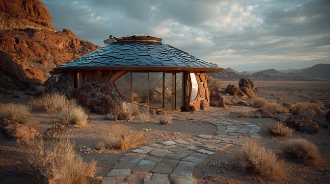 Circular solarpunk hut in desert terrain with solar shingles
