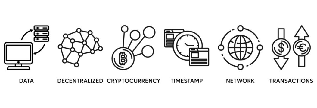 Blockchain icon set vector illustration concept relate to data, decentralized, crypto currency, timestamp, network and transactions