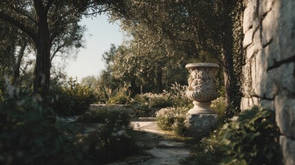 Serene stone garden path with antique urn and weathered stone wall detail
