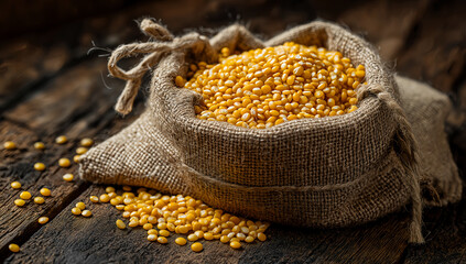Rustic burlap sack filled with yellow soybeans on vintage wooden table under warm light in agricultural still life composition