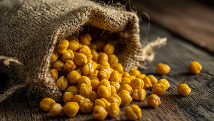 Rustic burlap sack filled with yellow soybeans on vintage wooden table under warm light in agricultural still life composition