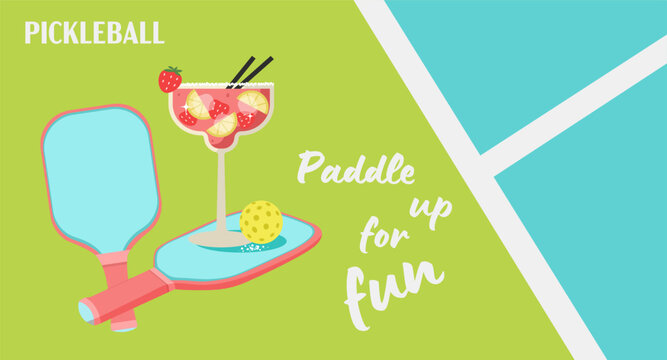 Fun pickleball banner with margarita and paddles. Colorful illustration for summer party, event invitation, beach club promo, or relaxing weekend game with cocktails and friends