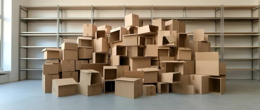 Large pile of empty cardboard boxes and moving boxes stacked in front of empty metal shelves and storage boxes in spacious room with brown box stack and empty shelf for packing and organization