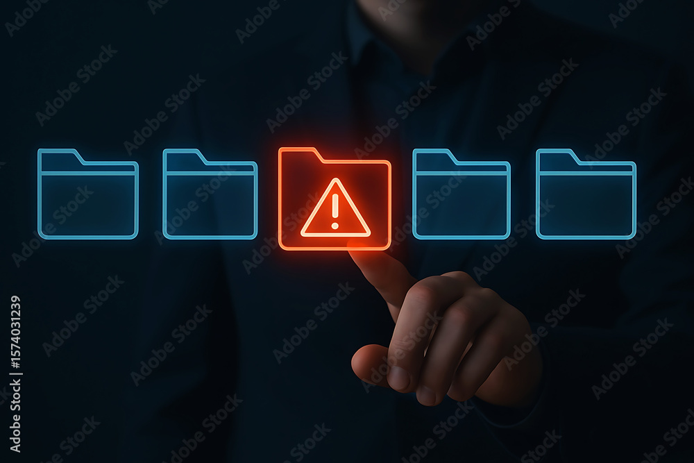 Poster finger touching glowing folder icon with warning symbol indicating data error