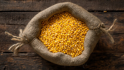 Rustic burlap sack filled with yellow soybeans on vintage wooden table under warm light in agricultural still life composition