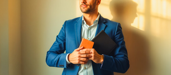 A man in a sharp blue suit stands near a window, holding a black folder and an orange book. He appears thoughtful, gazing off to the side.