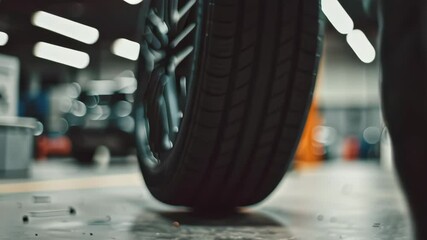 Mechanic Working with Tire in Automotive Workshop, Close-Up of Hands Handling Car Wheel and Rims