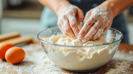 Homemade Dough Kneading - Baking Preparation, Close-up of hands kneading dough in a mixing bowl on a kitchen countertop. Flour dusts the hands and surrounding surface, alongside two visible eggs.
