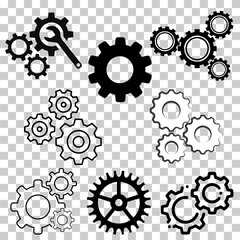 Industrial Gear and Cogwheel Icon Set in Outline and Solid Black Style