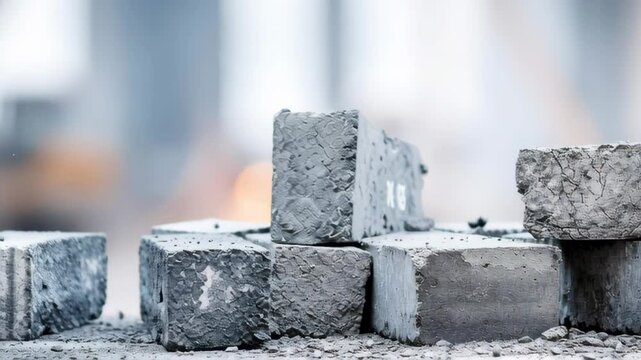 Construction Materials Abstract Design with Gray Cement Blocks on Blurred Background for Building Industry