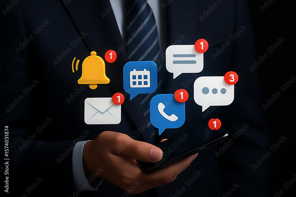 Poster businessman holding smartphone with multiple unread notification icons appearing