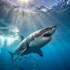Fototapeta premium Powerful Great White Shark Swimming Under Sunlight: Majestic Ocean Predator Wildlife