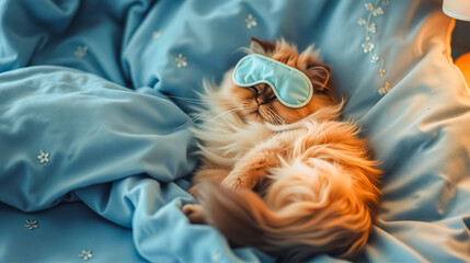 Sleepy Orange and White Cat with Sleep Mask, A charming portrait of a fluffy orange and white cat peacefully resting on a blue blanket-covered bed, comfortably wearing a blue sleep mask.