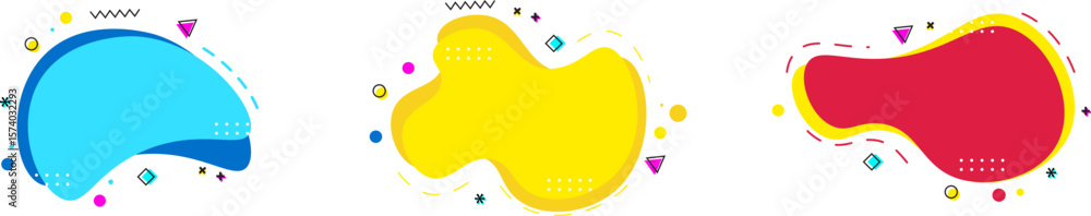 Poster set of colorful abstract fluid shapes with geometric elements. trendy fluid gradient abstract shapes