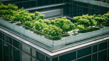 Rooftop greenhouse on compact modern building, plants spilling over edge, clean top