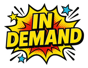 Yellow burst sticker with IN DEMAND in bold comic style, dynamic retail promo accent on transparent background.