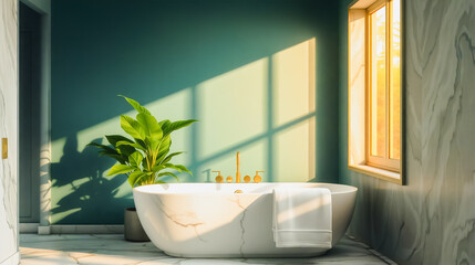 Luxurious Marble Bathtub in Serene Bathroom, A beautifully designed bathroom featuring a large, white, marble-like bathtub nestled in a corner. The space is characterized by marble flooring and walls.