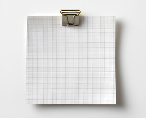Blank squared paper sheet clipped with metal binder against white background in minimalist office stationery flat lay

