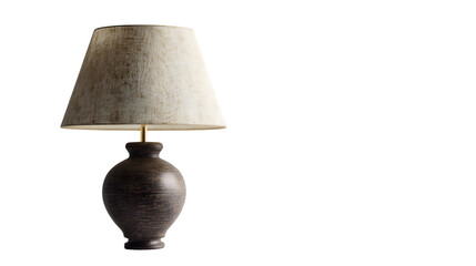 A lamp with a beige shade and a dark brown base is displayed against a black background in the image