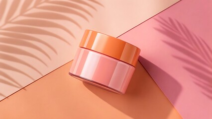 Elegant Skincare Jar: A minimalist skincare product jar sits on a colorful surface with shadows, capturing the essence of beauty and self-care. 