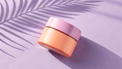 Pink Moisturizer Jar with Palm Shadow: A luxurious pink moisturizer jar sits elegantly on a soft purple background, cast in a dramatic shadow of a palm frond. Evokes feelings of summer, relaxation.