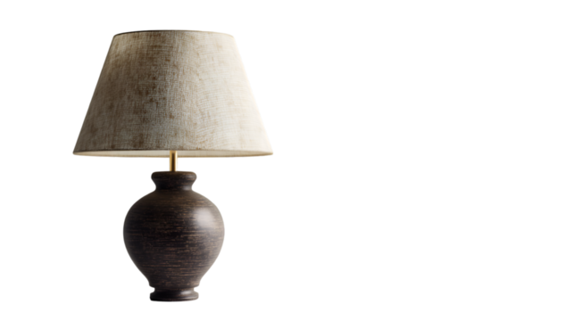 A lamp with a beige shade and a dark brown base is displayed against a black background in the image