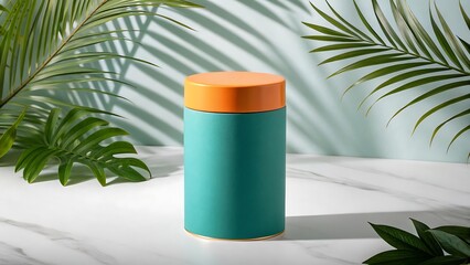Modern Minimalist Storage: A minimalist composition featuring a teal and orange storage container, placed against a soft backdrop with natural foliage.
