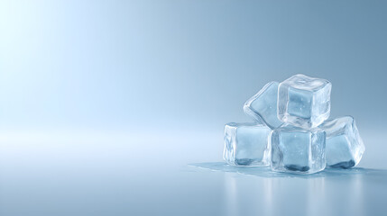 Ice cubes stacked on a reflective surface, glistening under soft light, creating a cool and refreshing atmosphere with a minimalist aesthetic and subtle blue tones