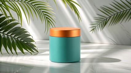 Serene Product Display: A minimalist product shot features a teal jar with a copper lid, bathed in the gentle light filtering through lush green palm fronds.