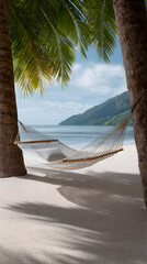 Tranquil beach scene featuring a hammock suspended between palm trees, overlooking a serene ocean with gentle waves and distant mountains, evoking relaxation and escape