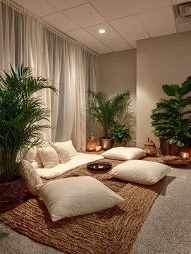 Peaceful meditation space with soft lighting and natural textures in a holistic wellness center, designed for mindfulness, relaxation, and inner balance practice

