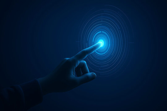 Human finger touching a glowing blue digital interface with concentric circles - Powered by Adobe
