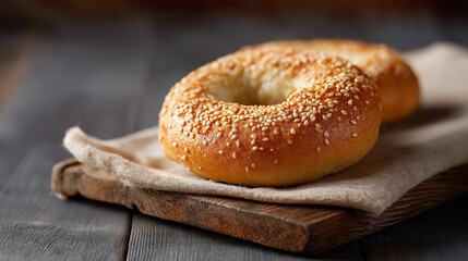 Freshly baked sesame bagels resting on a wooden board, surrounded by a rustic cloth, showcasing a delicious golden crust and inviting texture for culinary enthusiasts