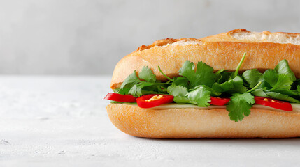 Freshly made sandwich with crispy baguette, vibrant red peppers, and green cilantro, showcasing delicious ingredients on a light textured background, perfect for culinary presentations