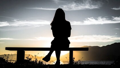 Silhouette of a woman sitting on a bench, looking out over a lake. back view - sunset scenery
