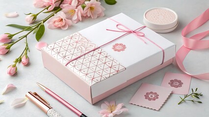 Luxury Gift Box Arrangement: A captivating arrangement features an elegant gift box adorned with delicate rose and stylish accessories. The scene exudes an atmosphere of thoughtfulness.