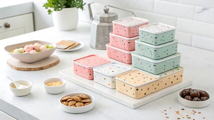 Organized Kitchen Delights: A tidy kitchen scene showcasing an array of stylish food containers alongside fresh culinary ingredients and tempting food composition.