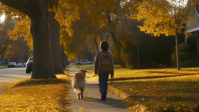 Boy walks dog on autumn path to school. Nostalgic walk in golden light, friendship, childhood, education, seasonal changes, outdoor recreation, idyllic neighborhood scenes, lifestyle use.