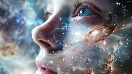 A human portrait where the skin is made of a star-filled galaxy	An ethereal, artistic portrait of a person, where their skin is not skin, but a window into the cosmos, showing a swirling, star-filled 
