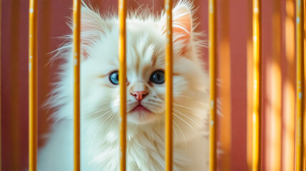 Curious Kitten Behind Bars, A fluffy white kitten gazes directly at the camera through the metal bars of a cage, alert eyes convey curiosity and a sense of gentle captivity.