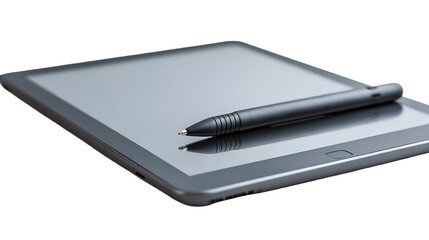 A gray tablet device with a black stylus pen resting on top of the screen in a dark environment