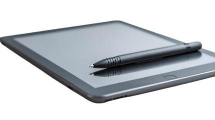 A gray tablet device with a black stylus pen resting on top of the screen in a dark environment