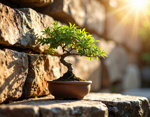 Cultivating bonsai trees artistic nature display at a stone garden in sunlit serenity