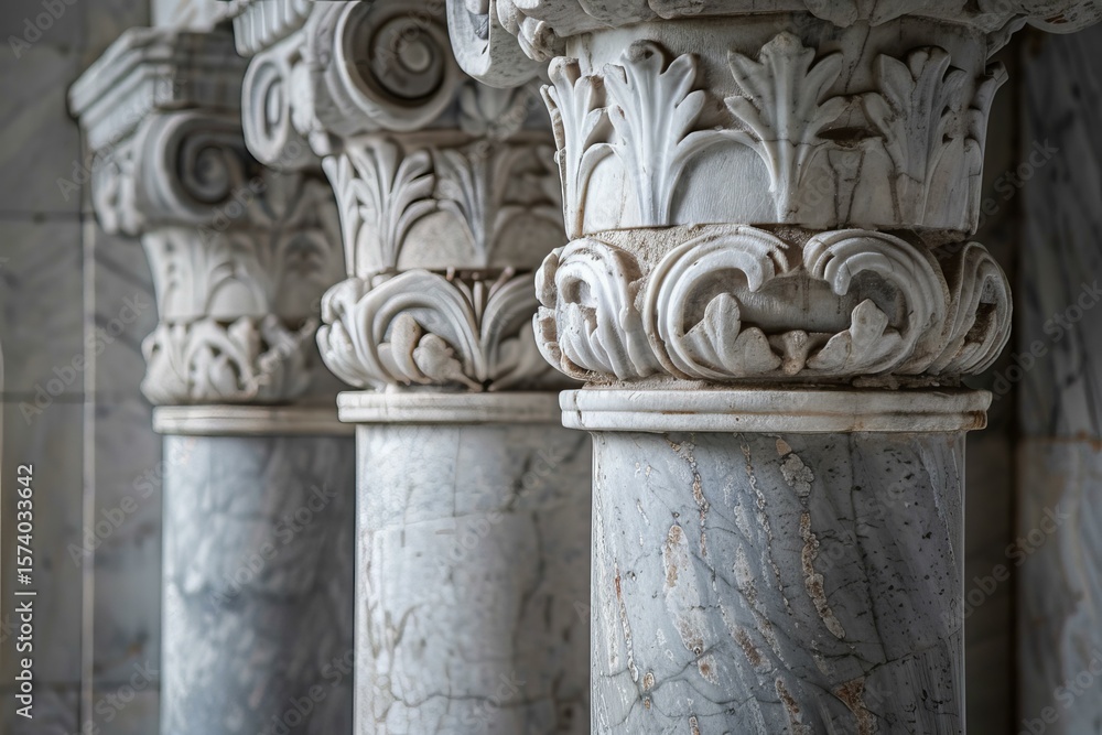 Poster architectural detail showing fluted marble columns with ornate corinthian capitals in a classical st
