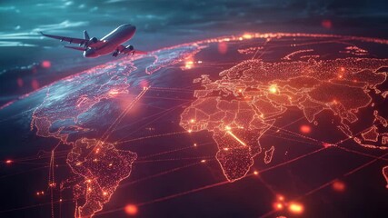 Airplane flying over illuminated digital world map with glowing network connections and global travel communication technology symbolizing connection and international network data points - Powered by Adobe